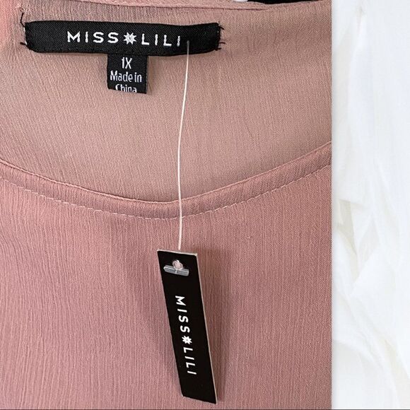 Miss Lili (1X) Mauve Lace Up Bell Sleeve Blouse - Picture 4 of 6